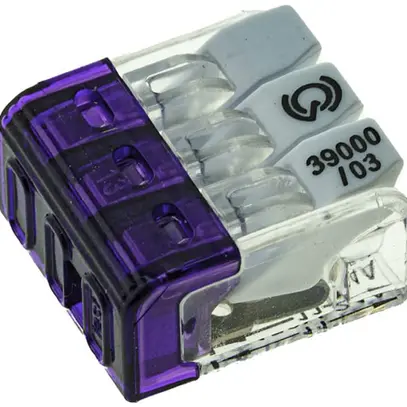 Morsetto di connessione Woertz 3P 0.2…2.5mm² leve di azionamento viola traspare. 