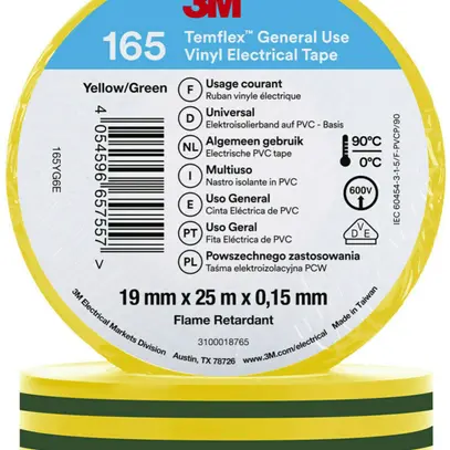 Nastro isolante 3M Temflex 165 19mm×25m×0.15mm verde/giallo VDE 600V 0…90°C 