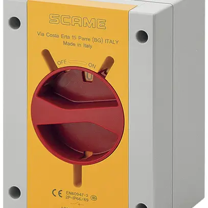 Interruttore rotativo AP Scame 20A 690V 0/4L manopola ro/gi 110×150×87mm IP66 