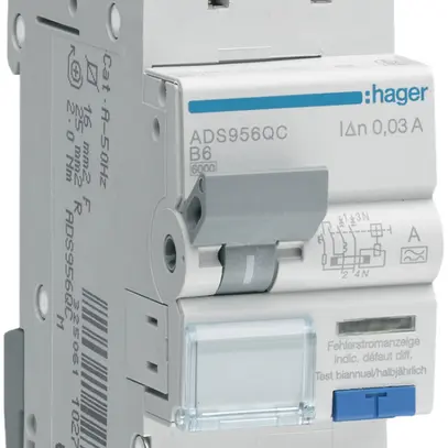 FI/LS-Schalter Hager RCBO QC 2P 230V Char.B 6A 0.03A Typ A 6kA 2TE 