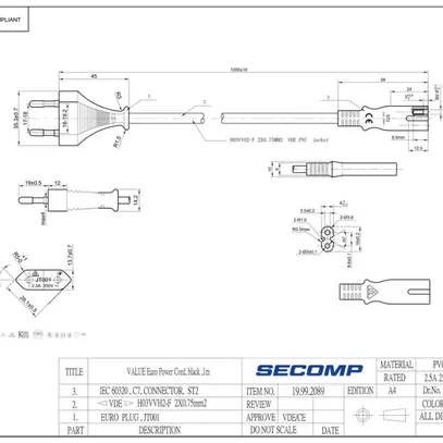 Cavo d'apparecchi VALUE T26 → C7 2×0.75mm² 250VAC/2.5A nero 1m 