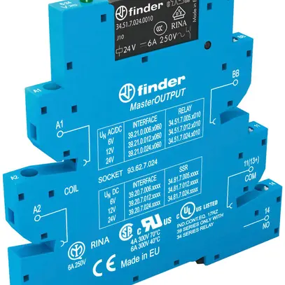 Relais couplage AMD Finder 39 MasterOUTPUT, 1F 6A/24VUC AgNi bornes à vis 