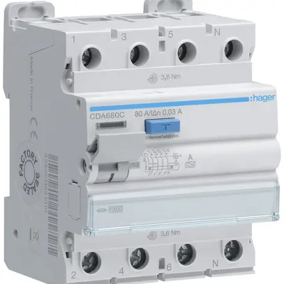Interruttore differenziale Hager RCCB (RCD) 4P 400V 0.03A tipo A 80A 10kA 4UM 