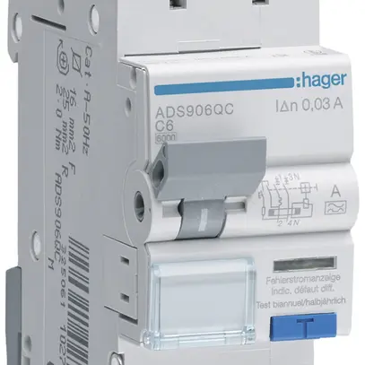 Disgiuntore differenziale Hager RCBO QC 2P 230V car.C 6A 0.03A tipo A 6kA 2UM 