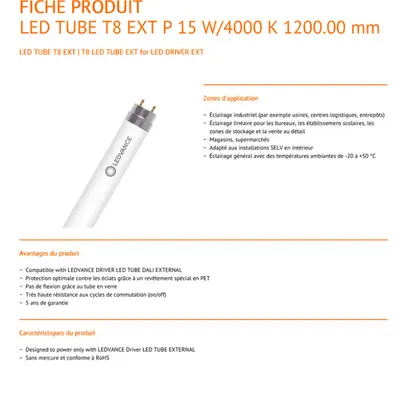 Tube LED LEDVANCE EXT P G13 42V 15W 2400lm 4000K VAR 1200mm 