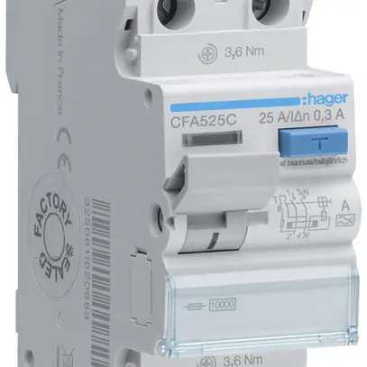 Interruttore differenziale Hager RCCB (RCD) 2P 230V 0.3A tipo A 25A 10kA 2UM 