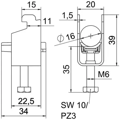 Fixation rapide BET 2056 pied à N matière synthétique 12…16mm 1×câble aluminium 
