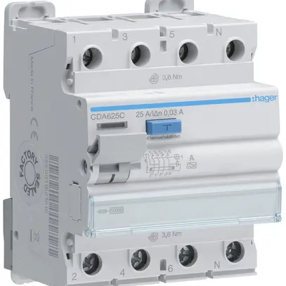 Interruttore differenziale Hager RCCB (RCD) 4P 400V 0.03A tipo A 25A 10kA 4UM 
