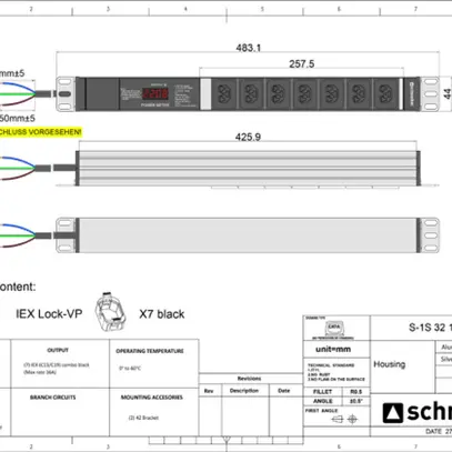 Prise multiple 19" PDU-Line 7×IEXC13/C19 affichage 3m embout de câble 1UH noir 