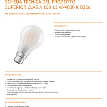Lampada LED LEDVANCE SUPERIOR CLASSIC B22d 11W 1521lm 4000K REG opale 