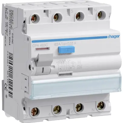 Fehlerstrom-Schutzschalter Hager RCCB (RCD) 4P 400V 0.03A Typ A 63A 4TE 