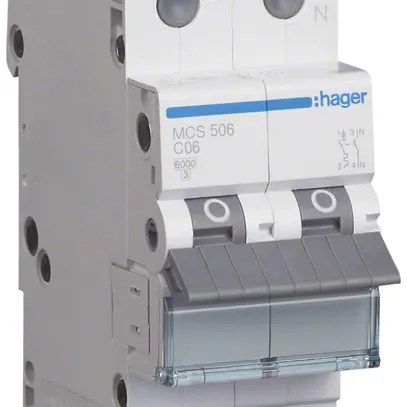 Disgiuntore Hager MCB quickconnect 2P 1 230V tipo C 6A Icn 6kA Icu 10kA 2UM 
