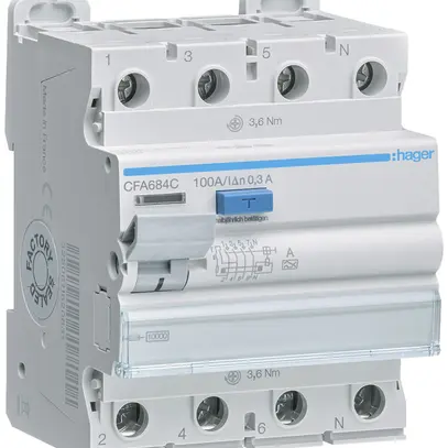 Interrupteur différentiel Hager RCCB (RCD) 4P 400V 0.3A type A 100A 10kA 4UM 