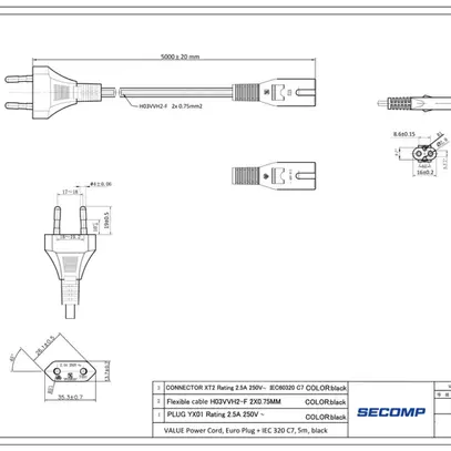 Cavo d'apparecchi VALUE T26 → C7 2×0.75mm² 250VAC/2.5A nero 5m 