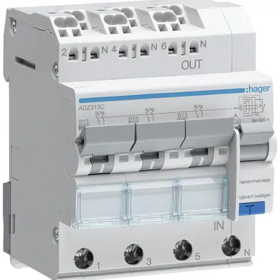 Disgiuntore differenziale Hager RCBO QC 3P+N 400V car.B 13A 0.03A tipo A 6kA 4UM 