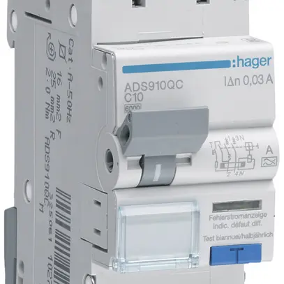 Disgiuntore differenziale Hager RCBO QC 2P 230V car.C 10A 0.03A tipo A 6kA 2UM 