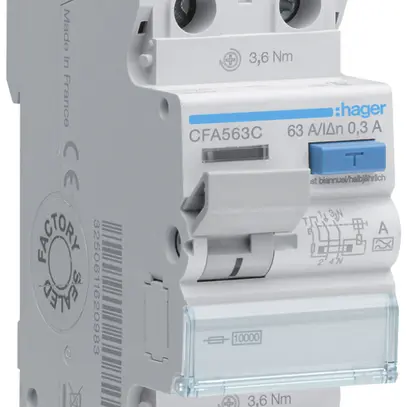 Interruttore differenziale Hager RCCB (RCD) 2P 230V 0.3A tipo A 63A 10kA 2UM 