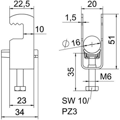 Fixation rapide BET 2056 pied à F mat.synthétique 12…16mm 1×câble acier Zn-ch-im 