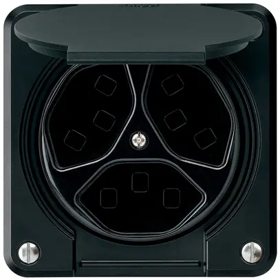 Steckdose Hager robusto, 3×T23, mit Klappdeckel A, schwarz 