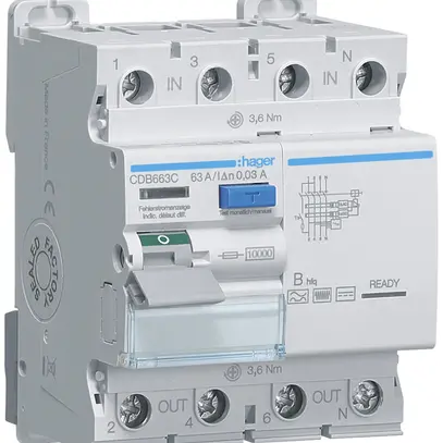Interruttore differenziale Hager RCCB (RCD) 4P 400V 0.03A tipo Bhfq 63A 10kA 4UM 