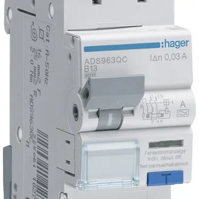 FI/LS-Schalter Hager RCBO QC 2P 230V Char.B 13A 0.03A Typ A 6kA 2TE 