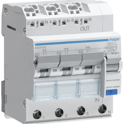 Disgiuntore differenziale Hager RCBO QC 3P+N 400V car.B 10A 0.03A tipo A 6kA 4UM 
