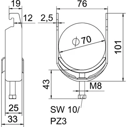 Brida rapida BET 2056 piede a U metallo 64…70mm 1×cavo A4 1.4571 