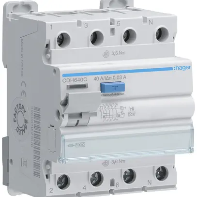 Interruttore differenziale Hager RCCB (RCD) 4P 400V 0.03A tipo A 40A 10kA 4UM 