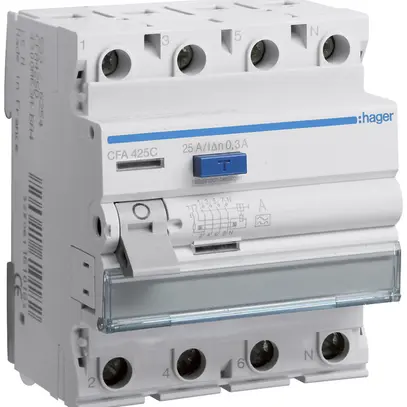 Interruttore differenziale Hager RCCB (RCD) 4P 400V 0.3A tipo A 25A 4UM 