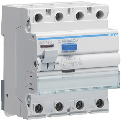 Interruttore differenziale Hager RCCB (RCD) 4P 400V 0.03A tipo A 25A 4UM 