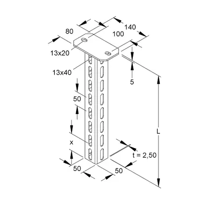 Supporto per soffitto 50×50mm L=300mm zincato a caldo a immersione 