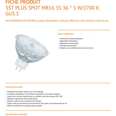Lampe réflecteur LED LEDVANCE SUPERIOR GU5.3 12V 5W 350lm 2700K VAR clair 36° 