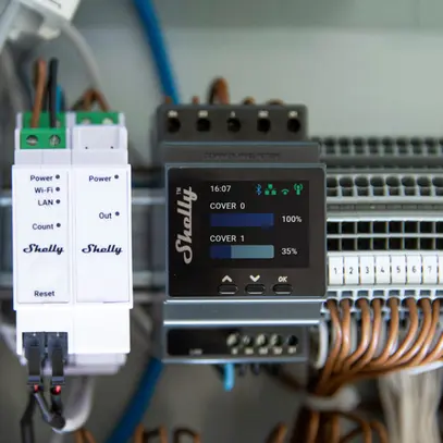 Action.de jalousie RF AMD Shelly Pro Dual Cover/Shutter PM Bt/Wi-Fi 4×entr 3UM 