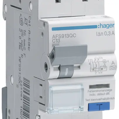 Disgiuntore differenziale Hager RCBO QC 2P 230V car.C 13A 0.3A tipo A 6kA 2UM 