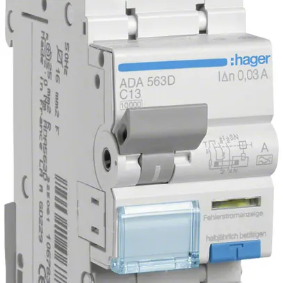 Disgiuntore differenziale Hager RCBO 2P 240V car.C 13A 0.03A tipo A 10kA 2UM 