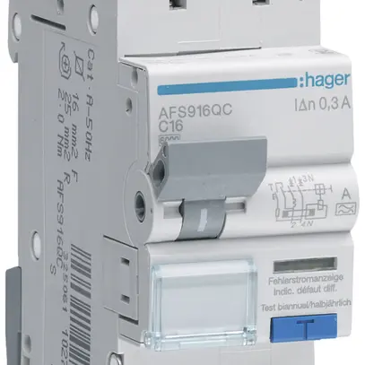 Disgiuntore differenziale Hager RCBO QC 2P 230V car.C 16A 0.3A tipo A 6kA 2UM 