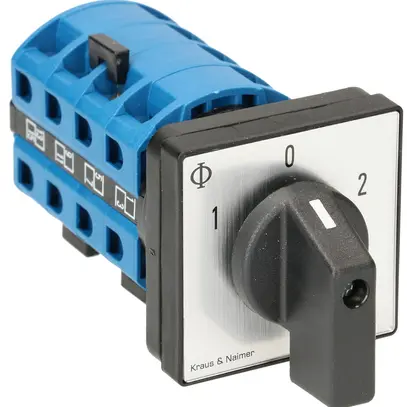 EB-Drehschalter K&N, 25A/690V 3L, Griff sz, 48×48mm, Ø6mm, "1-0-2" 
