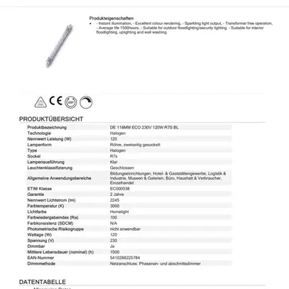 Halogenlampe Sylvania DE ECO R7s 120W 2245lm 3000K 230V 118mm klar 