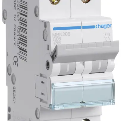 Disjoncteur Hager MCB 2P 415V type B 6A Icn 6kA 2UM 