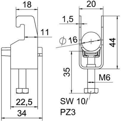 Fixation rapide BET 2056 pied à U matière synthétique 12…16mm 1×câble A2 1.4301 