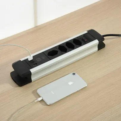 Presa multipla ALU 4×T13 2×USB-A/1×USB-C 2m 3×1mm² interruttore ne/alu 
