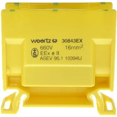 Borne de dérivation Woertz Ex 6…16mm² 76A 750V vis 2×1 rail DIN 35mm vert/jaune 