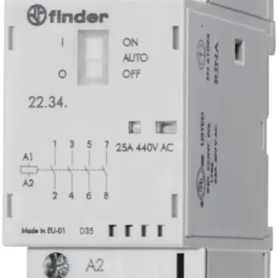 Contacteur AMD Finder 22.32, 230VUC, 4F 25A/440VAC AgSnO2, LED+interrupteur 