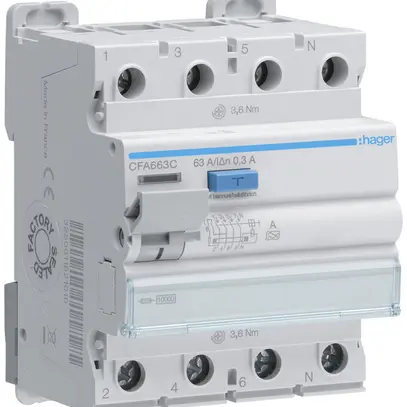 Interrupteur différentiel Hager RCCB (RCD) 4P 400V 0.3A type A 63A 10kA 4UM 