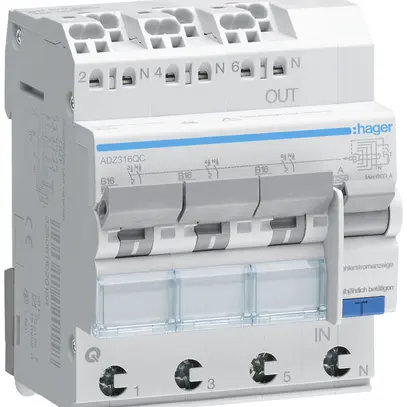 Disjoncteur différentiel Hager RCBO QC 3P+N 230V car.B 16A 0.03A type A 6kA 4UM 