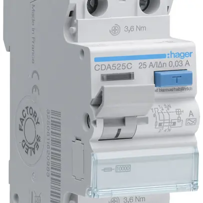 Interrupteur différentiel Hager RCCB (RCD) 2P 230V 0.03A type A 25A 10kA 2UM 
