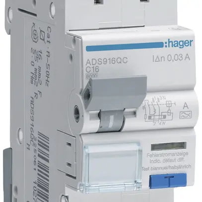 Disgiuntore differenziale Hager RCBO QC 2P 230V car.C 16A 0.03A tipo A 6kA 2UM 