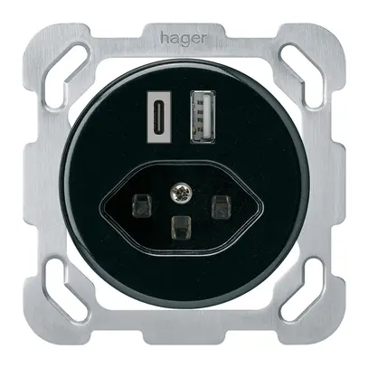Presa di carica USB INC basico 18W PD 1×tipo A 1×tipo C T23 c.placca fiss. nero 