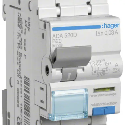 Disjoncteur différentiel Hager RCBO 2P 240V car.B 20A 0.03A type A 10kA 2UM 