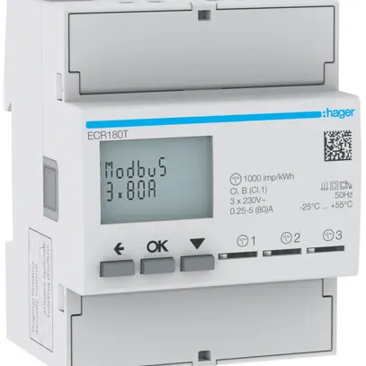 Contatore energia AMD HA ECR180T 3×1P diretto 80A Modbus import+export 2T+8T 